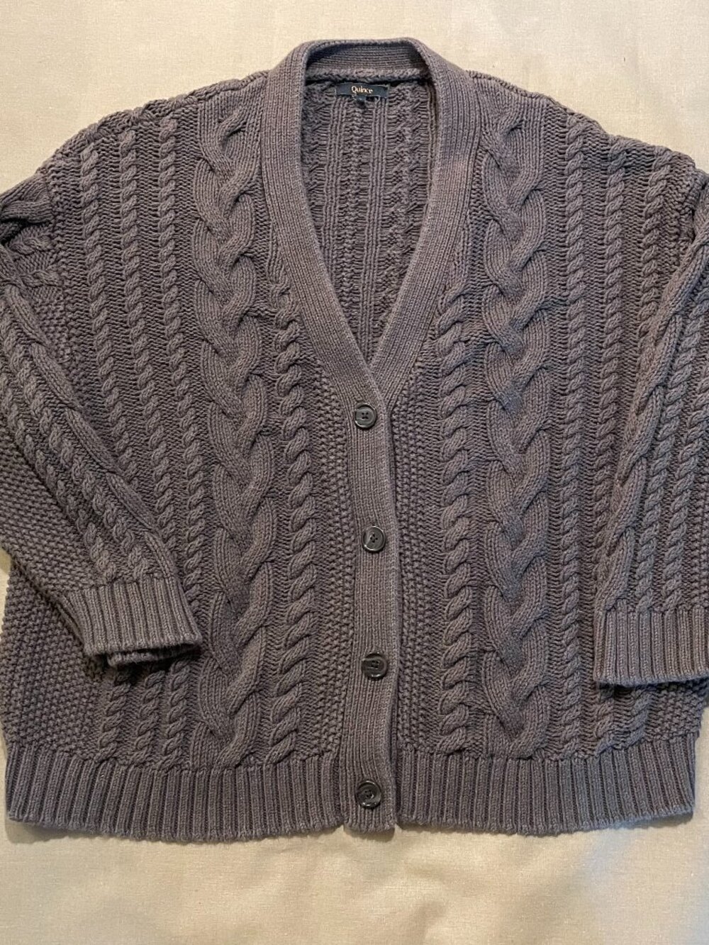Quince Women's Cable-Knit Cardigan Size L Brown Oversized Organic Cotton Grunge